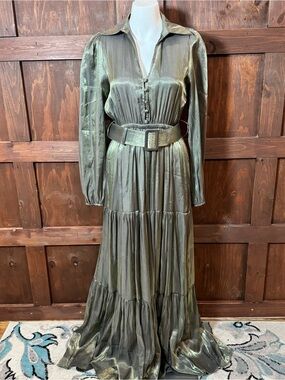 Olive Metallic Long-Sleeve Tiered Maxi Dress with Belt